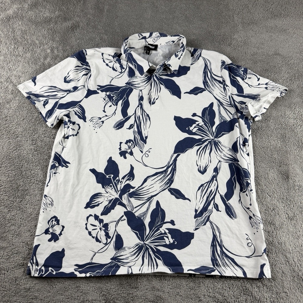 Express‎ Polo Shirt Mens XL White Floral Short Sleeve Collar Neck